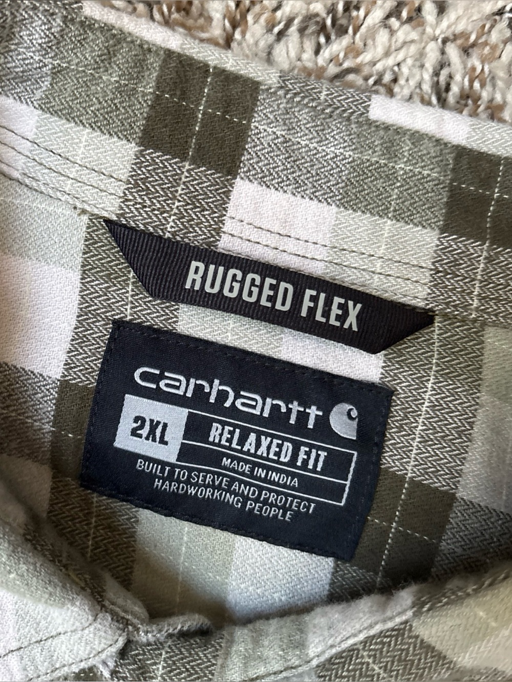 Carhartt Rugged Flex Olive and Cream Plaid Button-Down Shirt